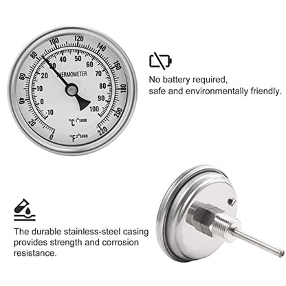 Stainless Steel Kettle Thermometer for Home Brewing, 1/2 NPT with Lock Nut & O-Ring (3" Face)