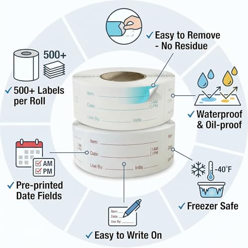 Food Storage Labels, 1 x 2 Inch, 1000 Pieces Removable Freezer Stickers, 2 Rolls