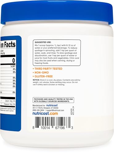 Nutricost Citric Acid Powder (1LB) - 1G Per Serving, Non-GMO, Gluten Free, Vegetarian Friendly - size: 16.2 Ounce (Pack of 1)