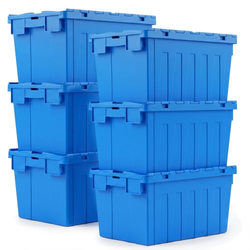 Storage Totes with Hinged Lids, 16 Gallon 6-Pack – Heavy-Duty Stackable & Nesting Bins with Attached Lid – Lockable 24x16x13 in Plastic Containers for Moving, Garage & Warehouse, Blue - color: 6 Pack