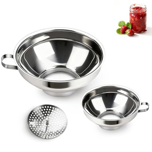 Canning Funnel with Strainer, Wide Mouth Funnels for Filling Wide and Regular Mason Jars Three-Piece Set, Food Grade Stainless Steel Canning Supplies for Kitchen Use (Silvery) - color: silvery