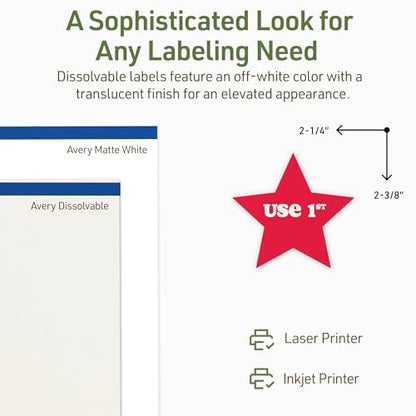 Avery Dissolvable Star Labels, Sure Feed Technology, 2-1/4" x 2-3/8", Matte White, Print-to-The-Edge, Laser/Inkjet Printable, 60 Labels Total - style: 60 labels