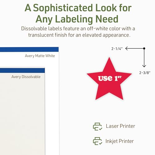 Avery Dissolvable Star Labels, Sure Feed Technology, 2-1/4" x 2-3/8", Matte White, Print-to-The-Edge, Laser/Inkjet Printable, 300 Labels Total - style: 300 labels