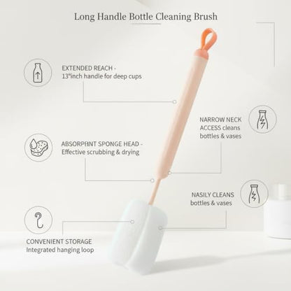 Long Handle Bottle Cleaning Brush with Soft Sponge Head for Deep Cups, Narrow Neck Bottles & Vases - 13 Inch - color: Pink