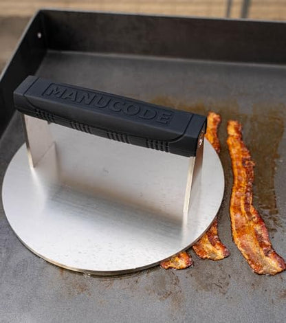 Stainless Steel Burger Smasher 3.25 LB – 8 Inch Steak Weight for Smash Burgers, Bacon, Sandwiches | Dishwasher Safe, Preheatable Protein Press with Silicone Handle | Commercial BBQ Tool - size: Φ8"