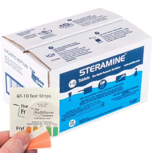 Pack of 6 (900 Tab) Steramine Sanitizing Tablets w/ 30x QT-10 Test Strips by FryOilSaver Co., Multi Purpose Contact Solution Sanitizer for Gym, Hotel, Bar, Restaurants & Food Service - size: 150 Count (Pack of 6)