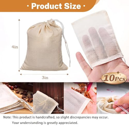 10 Pcs Muslin Drawstring Bags - Natural Unbleached Cotton Cheesecloth Bags for Tea, Coffee, Spices, Broths & More (4 x 3 Inches) - size: 10PCS