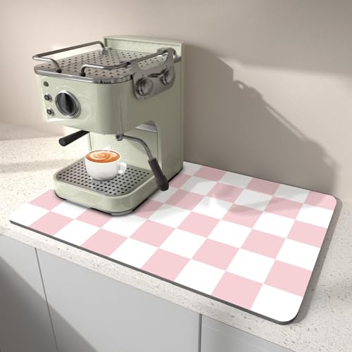 Dish Drying Mat for Kitchen Counter, 12" x 20" Checkered Coffee Bar Mat for Espresso Machine, Absorbent and Stain-Resistant Countertop Protector, Non-Slip Rubber Back Drying Pad, Pink & White - color: Pink & White, size: 12" x 20"