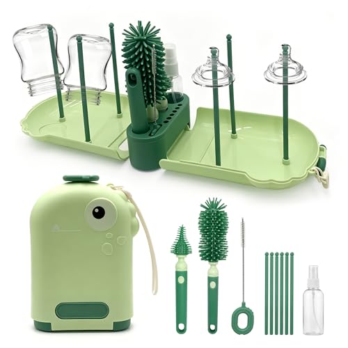 Travel Baby Bottle Brush Kit with Case, 6-in-1 Portable Bottle Cleaning Set for Baby Bottles, Nipples, Straws and Breast Pump Parts, Includes Drying Rack and Soap Dispenser, Green