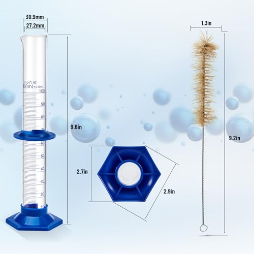 3 Pack 100 ml Graduated Cylinder, Clear Measuring Cylinder Set, Borosilicate 3.3 Glass with Plastic Base and Cylinder Brush, for Liquid Lab Shool