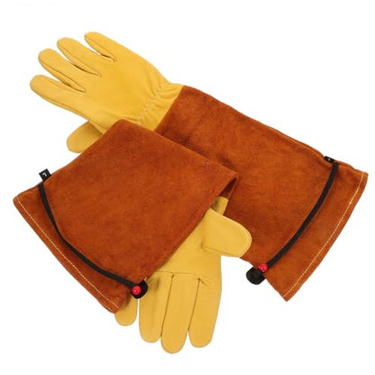 OSALADI Leather Gardening Gloves for Men Women, L Size Long Sleeve Puncture and Scratch Resistant Cowhide Gloves with Brown Pu Sleeve for Pruning, Planting, Beekeeping, and Welding Work