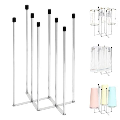 Foldable Baby Bottle Drying Rack – 8-Pole Collapsible Bottle Organizer, suitable for cups, silicone bags, and kitchen waste bags – Space-Saving Countertop Dryer for Home & Travel (Silver)