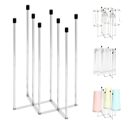Foldable Baby Bottle Drying Rack – 8-Pole Collapsible Bottle Organizer, suitable for cups, silicone bags, and kitchen waste bags – Space-Saving Countertop Dryer for Home & Travel (Silver)