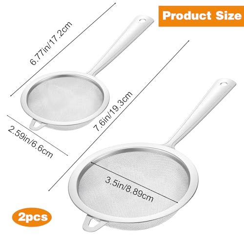 2 Pack Sieve Fine Mesh Stainless Steel, Mesh Strainer with Handle, Fine Meshes Strainers for Cooking Tea Food Strainer, 2 Sizes