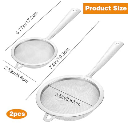 2 Pack Sieve Fine Mesh Stainless Steel, Mesh Strainer with Handle, Fine Meshes Strainers for Cooking Tea Food Strainer, 2 Sizes