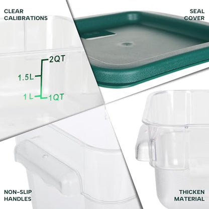 BIEAMA 4 Pack Food Storage Containers, 2 Quart with Lids, Square Commercial Containers with Scale, NSF, Polycarbonate, Clear - color: 2Qt-4 Pack(Green Lids)