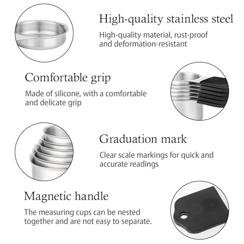 Magnetic Measuring Cups and Spoons Set, Including 7 Stainless Steel Nesting Measuring Cups and 5 Magnetic Measuring Spoons for Cooking & Baking (Black) - color: Black