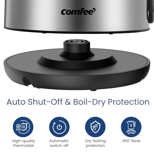 COMFEE' Stainless Steel Electric Kettle, 1.7 Liter Tea Kettle Electric & Hot Water Kettle, 1500W Fast Boil with LED Light, Auto Shut-Off and Boil-Dry Protection - color: Stainless Steel, size: 1.8 Quarts