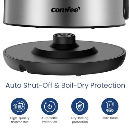 COMFEE' Stainless Steel Electric Kettle, 1.7 Liter Tea Kettle Electric & Hot Water Kettle, 1500W Fast Boil with LED Light, Auto Shut-Off and Boil-Dry Protection (Pack of 6) - color: Stainless Steel, size: 1.8 Quarts (Pack of 6)