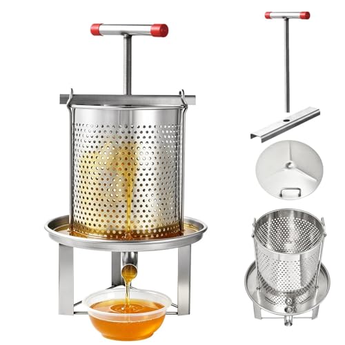 Manual Honey Press Extractor 3.17 Gal 201 Stainless Steel Honeycomb Spinner with Ergonomic T-Handle & Reinforced Tripod Base 0.2" Mesh Detachable Honey Spinner Extractor for Beekeeping Juice Making