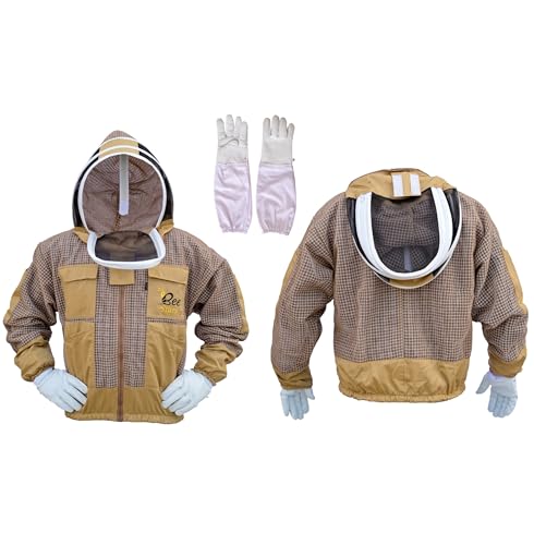 3 Layer Bee Jacket with Fencing Veil and One Pair Gloves Ventilated Sting Proof Beekeeping Jacket for Beekeepers - color: Khaki, size: Medium