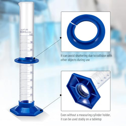 3 Pack 100 ml Graduated Cylinder, Clear Measuring Cylinder Set, Borosilicate 3.3 Glass with Plastic Base and Cylinder Brush, for Liquid Lab Shool