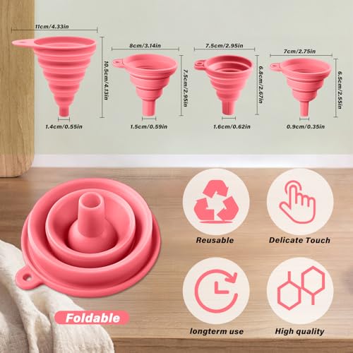4 Pack Collapsible Silicone Funnels Kitchen Use Foldable Food Grade Liquid Transfer Tools Oil Water Spice Jar Bottle Filling, 12 g, 15 g, 20 g, 35 g - color: Pink, size: 4Pack
