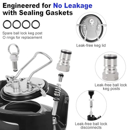 Cornelius Keg New 5 Gallon Ball Lock Keg, 304 Stainless Steel Corny Keg Beer Keg with Ball Lock Quick Disconnects & Ball Lock Keg Posts, 2.5 Gallon Keg with Dual Rubber Hanlde for Homebrew