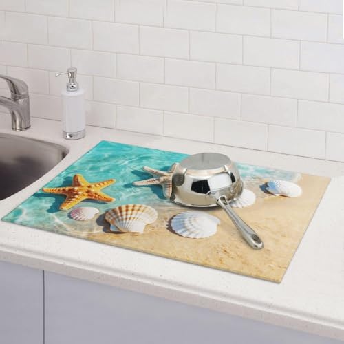 Ocean Sea Dish Drying Mat for Summer Kitchen Counter, Microfiber Absorbent Beach Dish Draining Mat Extra Large 18"x24" - color: Sea