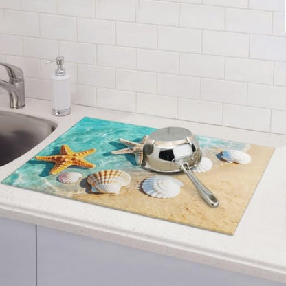 Ocean Sea Dish Drying Mat for Summer Kitchen Counter, Microfiber Absorbent Beach Dish Draining Mat Extra Large 18"x24" - color: Sea