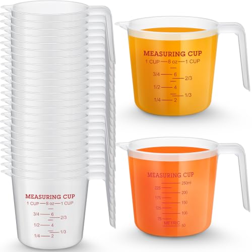 Fabbay 24 Pcs 1 Cup Capacity Plastic Measuring Cup 8 Oz Clear Graduated Measurement Cups with Spout and Handles Ounce and ml Marking for Recipe Ingredient Flour Liquid Baking Cooking Mixing(Red) - color: Red, size: 8 oz