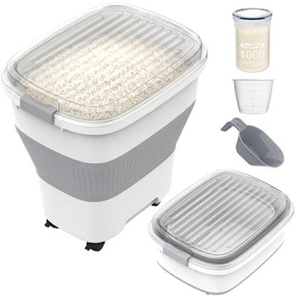 HOYTAMDAR 20-50Lbs Rice Container,Collapsible Food Storage Containers with Airtight Clear Lid,Wheels,Rice Storage Container with Small Bin and Scoop,Rice Dispenser for Flour Sugar Cereal Grain Dog Cat - color: Grey/20-50lbs