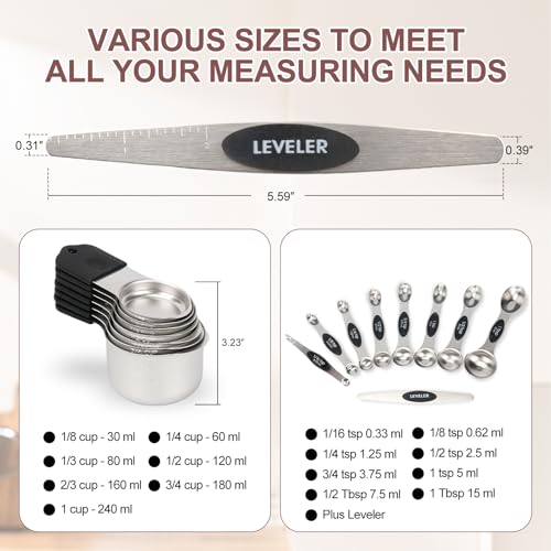 16-Piece Stainless Steel Measuring Cups and Spoons Set, Strong Magnetic Nesting Design 7 Cups 8 Spoons with Leveler, Double Measurement Markings for Dry & Liquid Ingredients, Black - color: 16-Piece Black