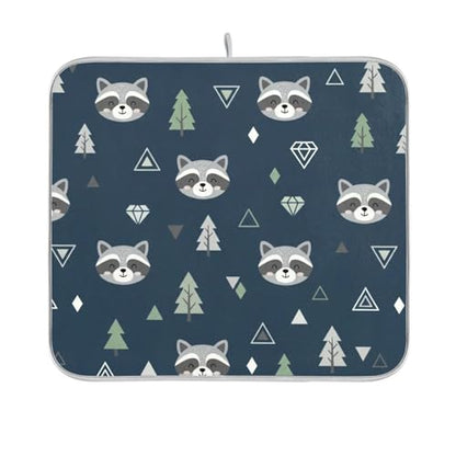 Winter Raccoon Tree Blue Dish Drying Mat for Kitchen Counter Super Absorbent Draining Mat with Non-slip Backed Dish Drying Pad for Countertops Sinks Draining Racks Dish Bottles Cups Bowl