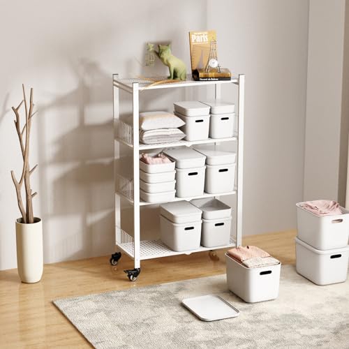 Folding Storage Shelves No Assembly, 4 Tier Foldable Storage Shelves with Wheels, Rolling Collapsible Rack for Pantry Laundry Room Kitchen, White - color: White/4-tier