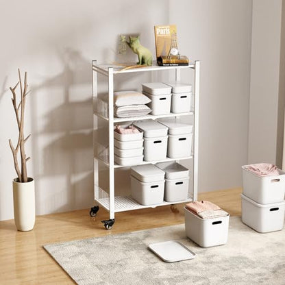 Folding Storage Shelves No Assembly, 4 Tier Foldable Storage Shelves with Wheels, Rolling Collapsible Rack for Pantry Laundry Room Kitchen, White - color: White/4-tier