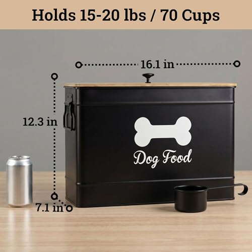 Dog Food Container Airtight Bamboo Lid 15-20 lb Sturdy Metal Handle 70 Cups | Pet Jar For Dogs up to 100lbs, Airtight Bamboo Lid, Sturdy Comfortable Metal Handle, Powder Coated Iron, Kibble Storage Bin - color: Black