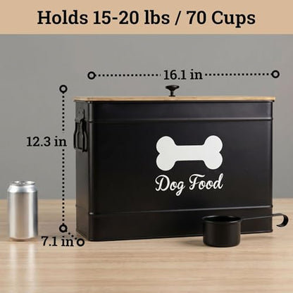 Dog Food Container Airtight Bamboo Lid 15-20 lb Sturdy Metal Handle 70 Cups | Pet Jar For Dogs up to 100lbs, Airtight Bamboo Lid, Sturdy Comfortable Metal Handle, Powder Coated Iron, Kibble Storage Bin - color: Black