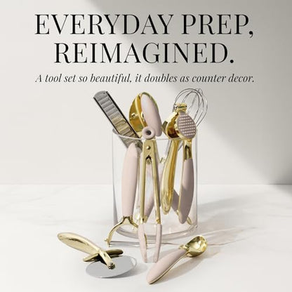 Gold and Beige Kitchen Utensils Set – 8 PC Cooking Gadgets with Mini Gold Whisk and Tongs, Pizza Cutter, Garlic Press, Cheese Grater, Peeler, Can Opener, Scoops – Stylish Beige Kitchen Accessories - color: 8 Piece Beige & Gold