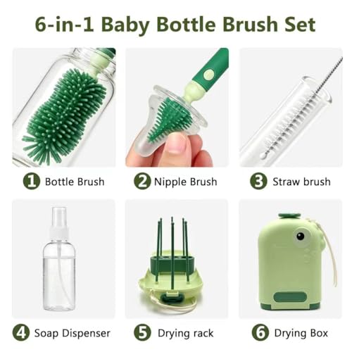 Travel Baby Bottle Brush Kit with Case, 6-in-1 Portable Bottle Cleaning Set for Baby Bottles, Nipples, Straws and Breast Pump Parts, Includes Drying Rack and Soap Dispenser, Green