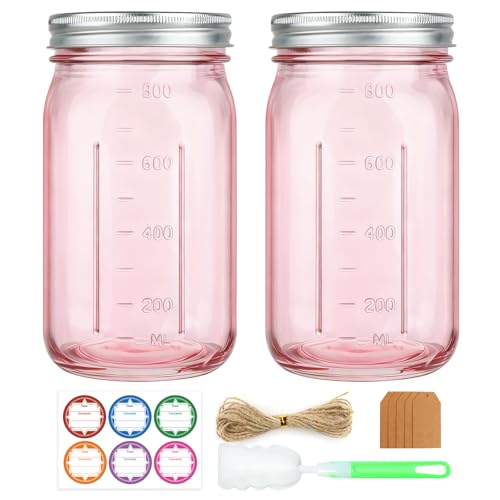CARBLIN 2 Pack Mason Jars 32 oz, Wide Mouth Canning Jars with Airtight Lids, Glass Pint Jars with Bands Labels Brush, Large Storage Quart Jars for Jam Fermenting Preserving - Pink - color: Pink