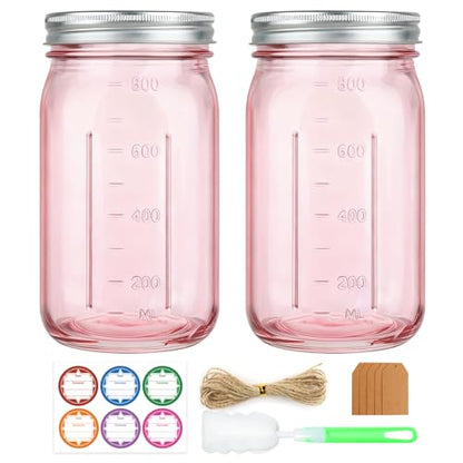 CARBLIN 2 Pack Mason Jars 32 oz, Wide Mouth Canning Jars with Airtight Lids, Glass Pint Jars with Bands Labels Brush, Large Storage Quart Jars for Jam Fermenting Preserving - Pink - color: Pink
