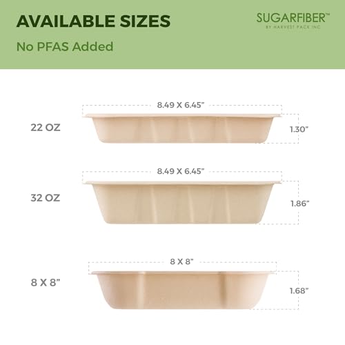 [100 COUNT]Harvest Pack 32 oz Compostable Food Trays, 8.49" x 6.45" x 1.86" Disposable PFAS FREE Food Container, Bagasse Rectangle Paper Plates, Sugarcane Eco-Friendly Plant Fibers, No Lids included