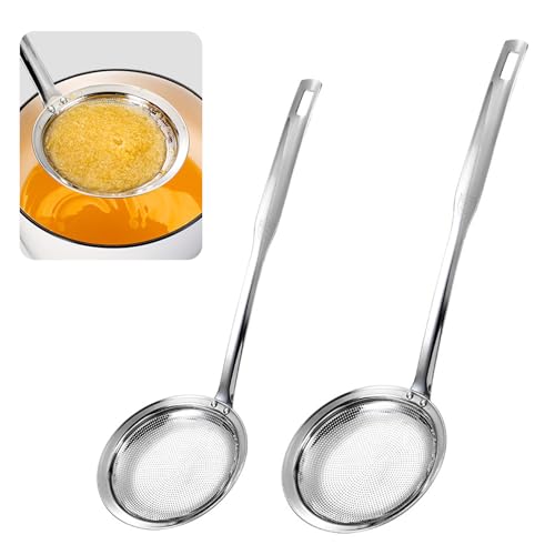 2 Pack Fine Mesh Strainer Stainless Steel Kitchen Sieve - Oil Grease Skimmer Spoon with Long Handle, Small Large Food Strainers for Frying Cooking Soup