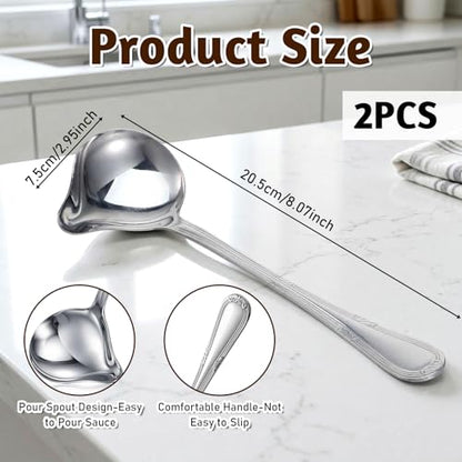 2 Pcs Small Ladle with Pour Spout, Stainless Steel Gravy Ladle with Long Handle Sauce Drizzle Spoon Small Sauce Spoon for Cooking Serving Canning