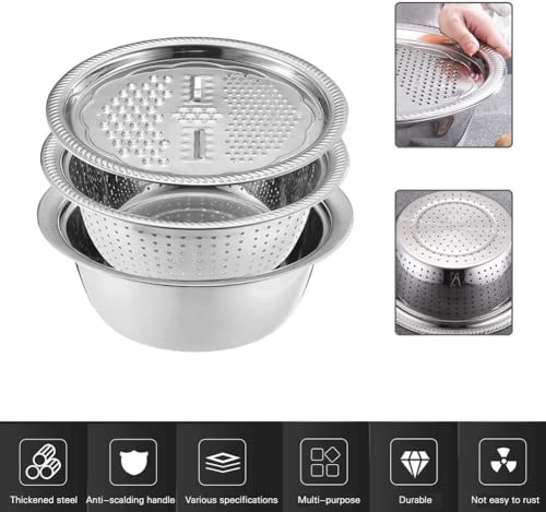 2026 New Multifunctional Stainless Steel Basin with Grater 3 in 1 Vegetable Cutter Julienne Grater with Drain Basket Vegetable Fruits Washing Bowl Strainer Set (28cm)