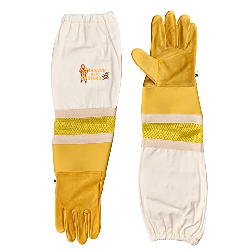 Massive Bee Cowhide Beekeeping Ventilated Cowhide Leather Gloves Yellow Rubber Cuff Then Yellow Mesh with Off white jeans - color: Simple Gloves, size: X-Small