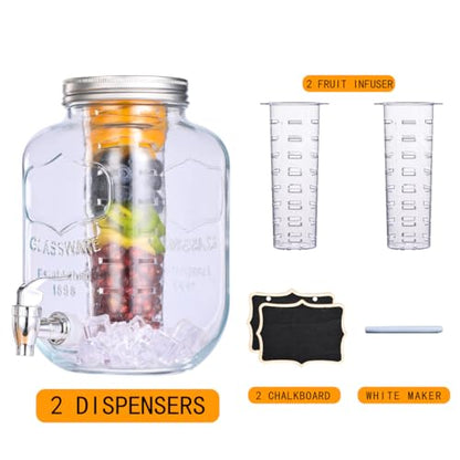 Eleganttime 파티용 3.8L(1갤런) 유리 음료 디스펜서, 과일 인퓨저가 있는 음료 디스펜서 2팩, 세탁 세제 디스펜서 펀치 볼 워터 주스 디스펜서, 쉬운 플로우 수도꼭지 포함, 야외용