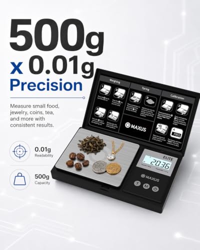 MAXUS Digital Pocket Gram Scale 500g x 0.01g High Precision with Tray, Weighs Small Food, Jewelry, Ounces, Grains, LCD Display, Tare Function - color: Black
