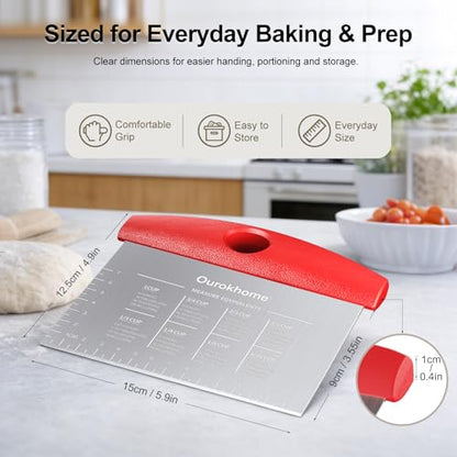 Ourokhome 2 Pack Bench Scraper Dough Cutter, Stainless Steel Dough Scraper with Laser-Etched Scale, Conversion Chart, Non-Slip Handle, Dishwasher Safe for Bread & Pastry, Red - color: Red